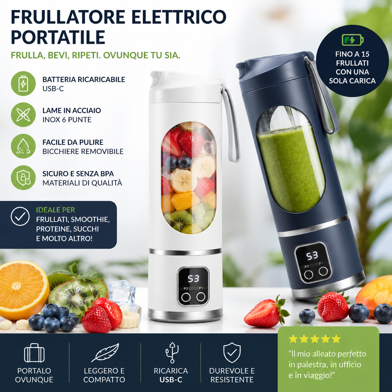 Frullatore elettrico portatile con batteria ricaricabile USB