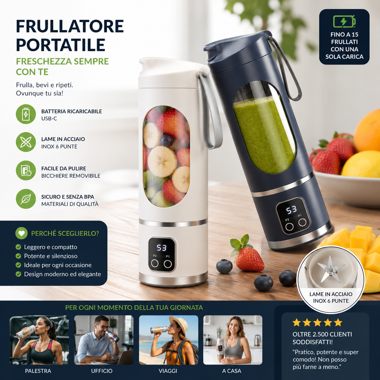 Frullatore elettrico portatile con batteria ricaricabile USB