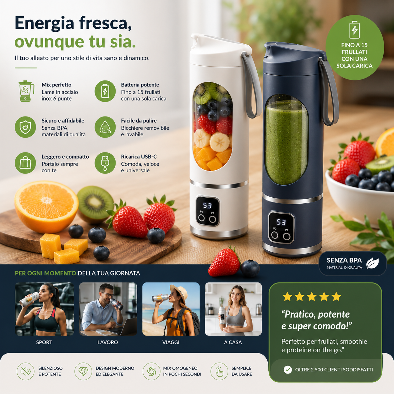 Frullatore elettrico portatile con batteria ricaricabile USB
