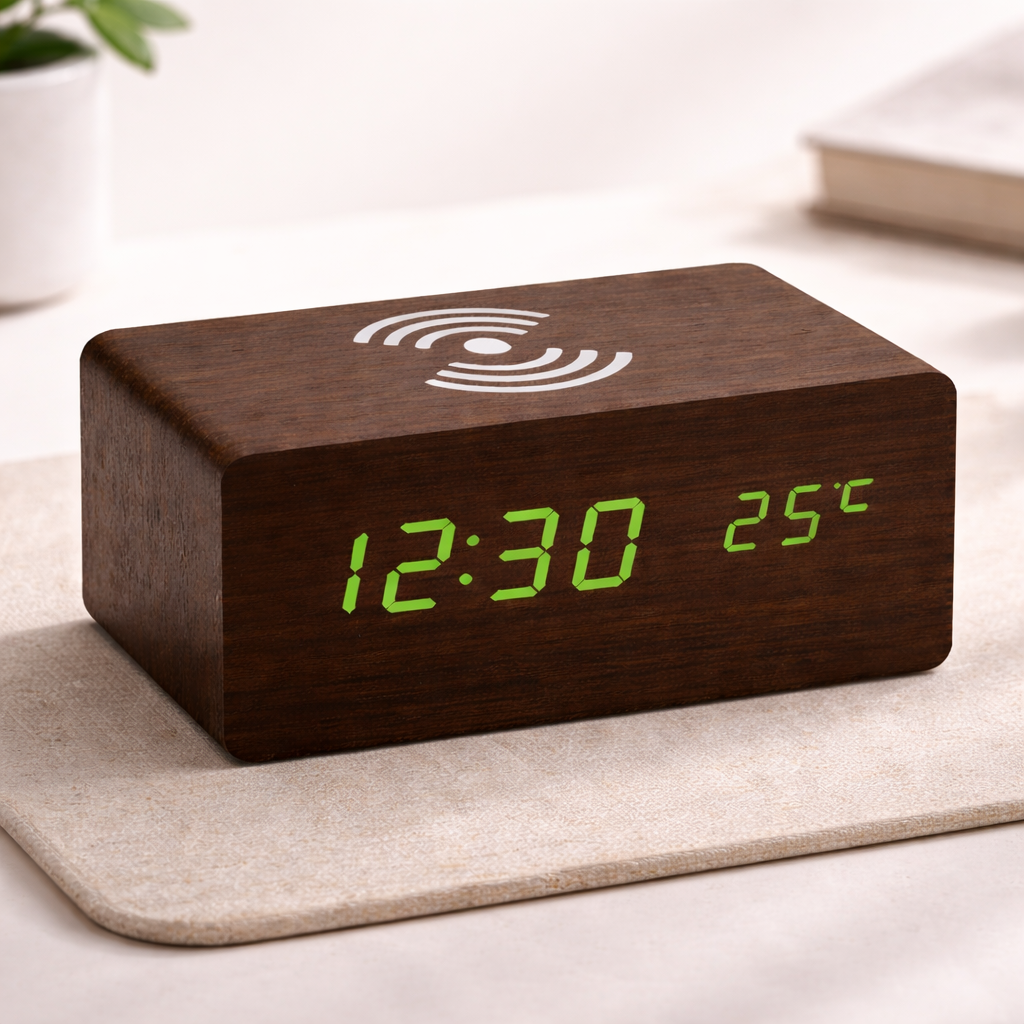 SYNCLOCK – Orologio Digitale in Legno con Ricarica Wireless